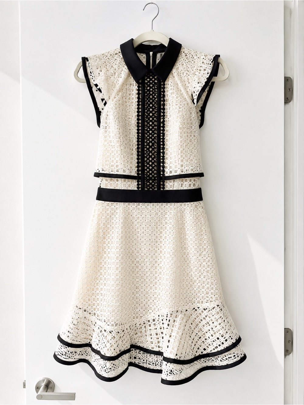 Self-Portrait Cream Lace Midi Dress with Black Trim